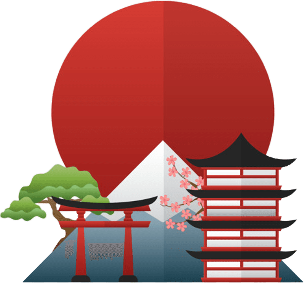 富士山と赤い五重塔、鳥居を描いたイラスト。IOSTの中心市場である日本をイメージ